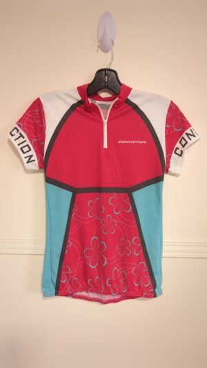 chandail de vélo 🚴‍♀️, conviction, rouge et turquoise 🌸 semble small