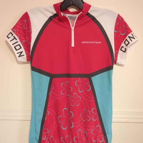 chandail de vélo 🚴‍♀️, conviction, rouge et turquoise 🌸 semble small